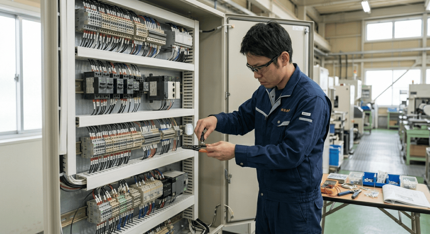  ② 制御盤を点検する技術者